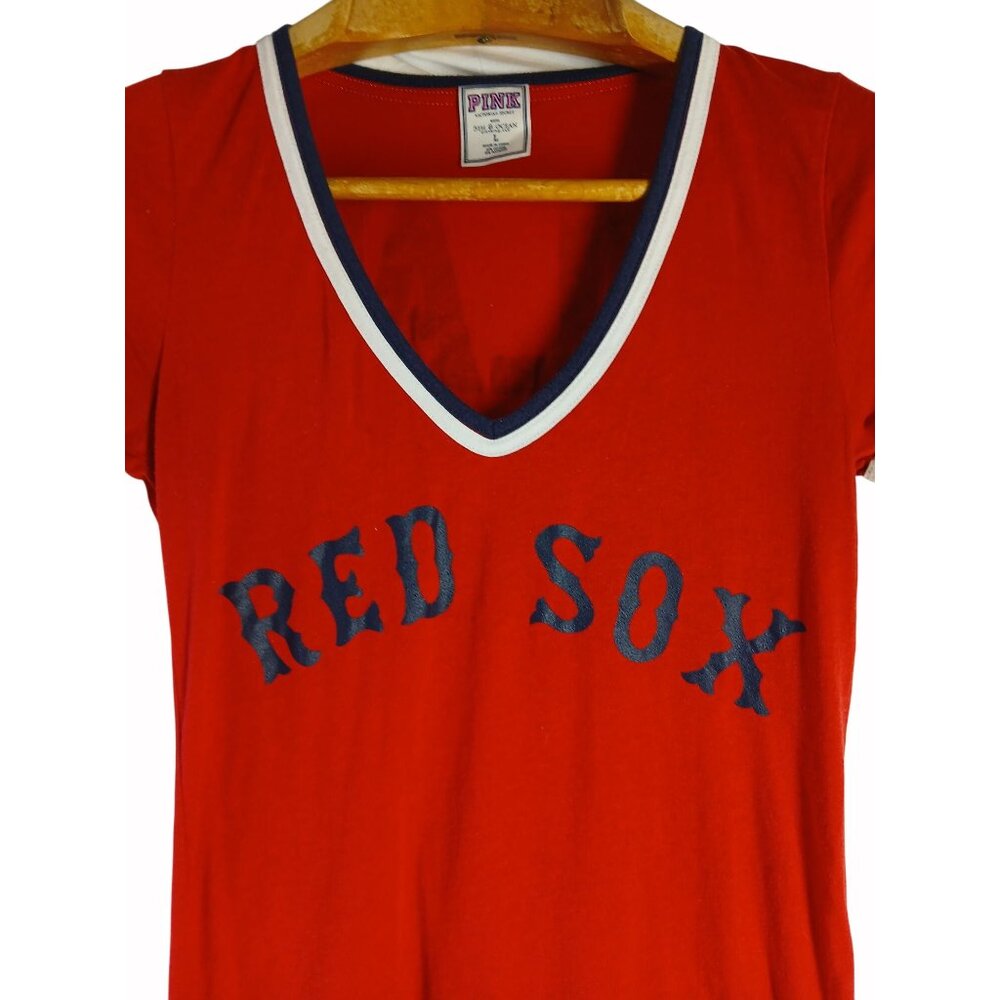 Victorias Secret Pink Red Sox V Neck T Shirt L Boston Play Ball Red Blue White - Picture 2 of 15